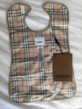 Burberry Beige Plaid Baby Bib with Black and Red Accents